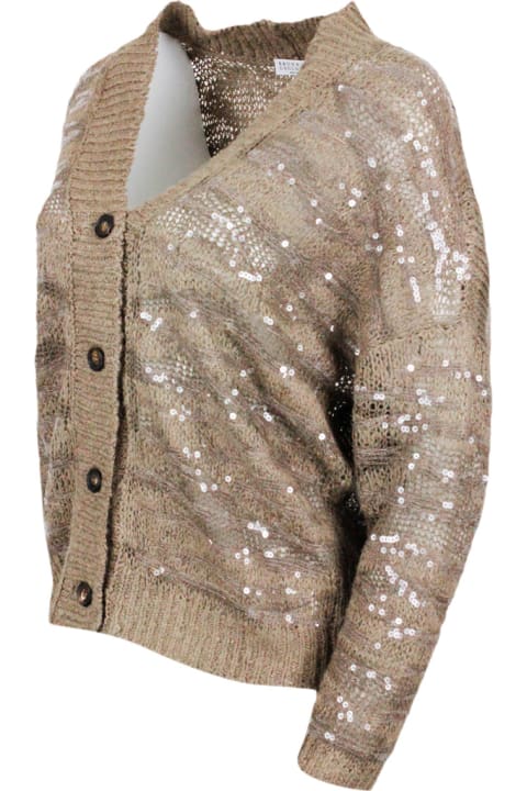 Sweaters for Women Brunello Cucinelli Cardigan With Animalier Buttons Inlay In Silk, Linen And Hemp