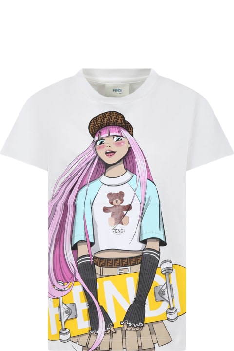 Fendi for Kids Fendi White T-shirt For Girl With Print And Ff