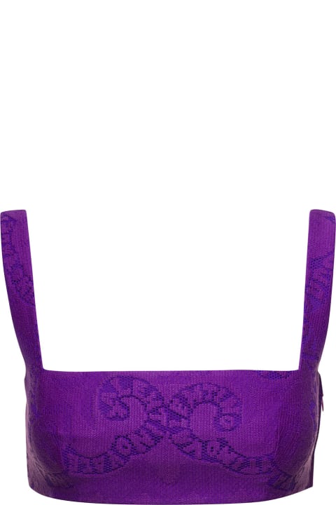 Purple Cropped Top With Mini Bandana Motif In Cotton Guipure Lace Woman