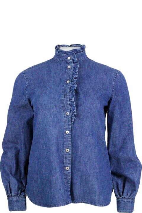 Fashion for Women Barba Napoli Long-sleeved Shirt In Fine Denim Embellished With Rouges On The Collar And Along The Buttons. Regular Line