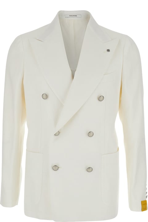 Homeware Tagliatore White Double-breasted Blazer With Logo Pin On The Front In Linen And Cotton Blend Man