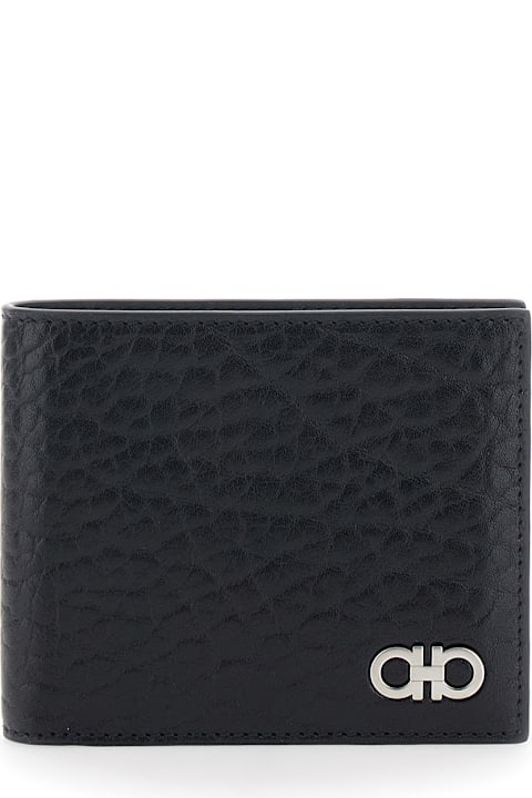 Ferragamo for Kids Ferragamo 'revival' Black Wallet With Gancini Buckle On The Front In Hammered Leather Man