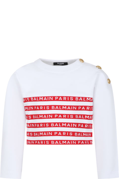 Balmain for Kids Balmain White Sweatshirt For Girl With Red Stripes And Logo
