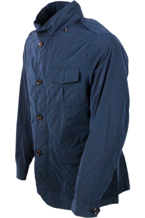 Moorer Clothing for Men Moorer Lightweight Windproof Field Jacket Model In Technical Fabric With Concealed Hood And Zip And Button Closure