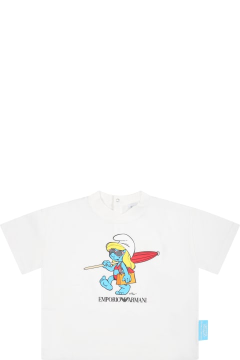 Topwear for Baby Girls Emporio Armani White T-shirt For Baby Girl With The Smurfs