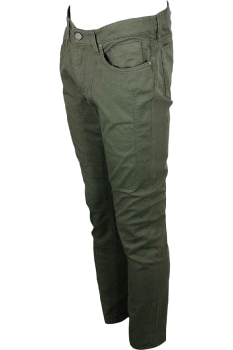 5-pocket Stretch Light Cotton Trousers With Zip, Slim Fit And Tone-on-tone Patch