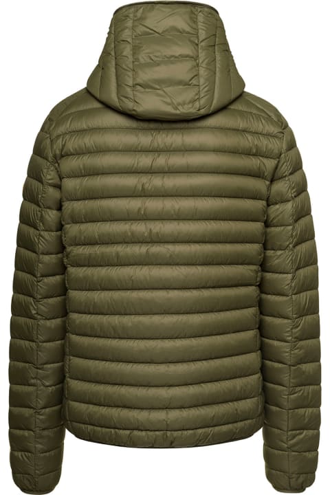 Green Hooded Puffer Jacket With Logo And Zip Fastening In Nylon Man