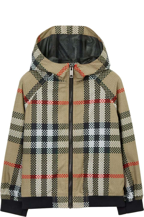 Topwear for Boys Burberry 'troy' Beige Hooded Jacket With Vintage Check Print In Nylon Boy
