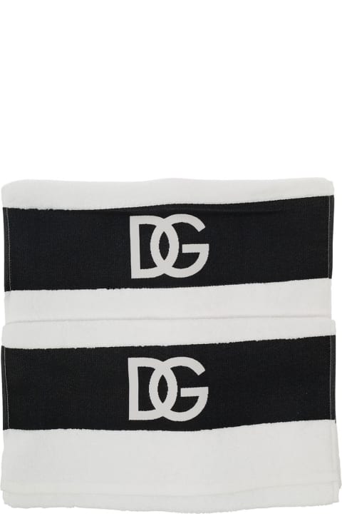 Home Décor Dolce & Gabbana White Set Of Five Towels With Dg Logo In Terry Cotton