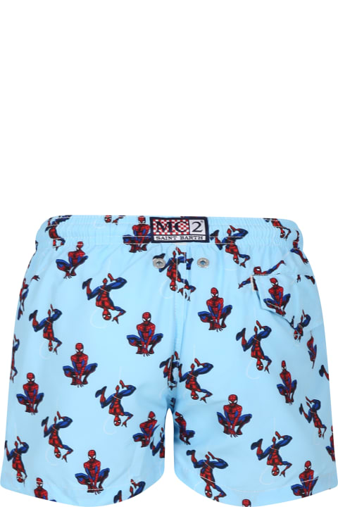 ボーイズ MC2 Saint Barthの水着 MC2 Saint Barth Light Blue Swim Shorts For Boy With Spiderman Print