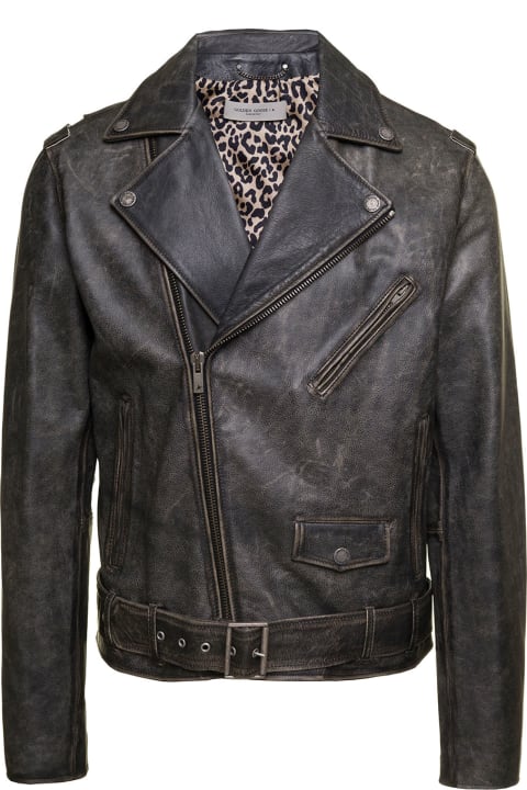 Golden Goose Coats & Jackets for Men Golden Goose Black Biker Jacket With Leopard Lining Leather Man
