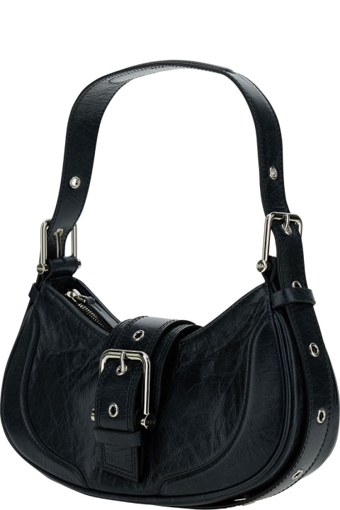 'small Brocle' Black Shoulder Bag In Hammered Leather Woman