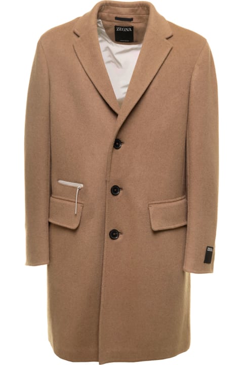 Beigethree-buttons Single-breasted Coat In Camel Man Zegna