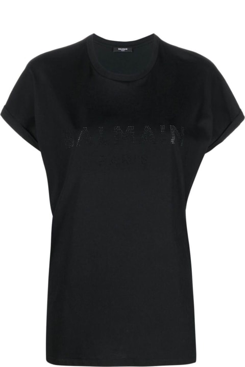 Black Crewneck T-shirt With Tonal Rhinestones Logo Detail In Cotton Woman