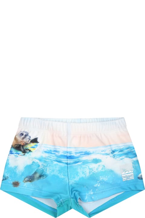 Molo Swimwear for Baby Boys Molo Light Blue Swisuit For Baby Boy With Seal Print