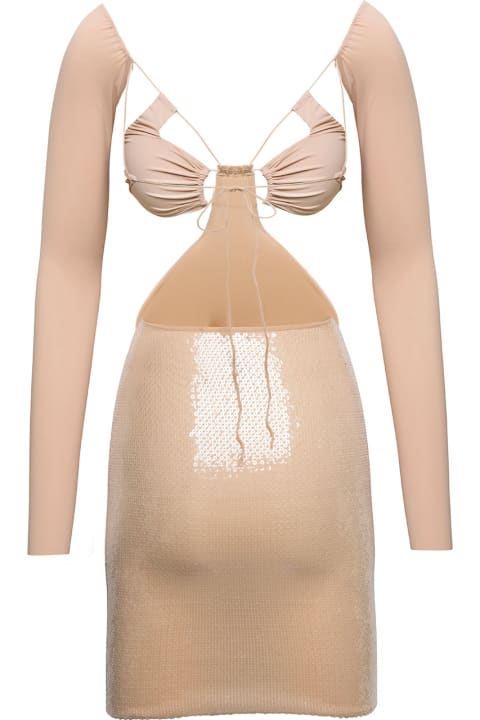 'vera' Beige Mini Long-sleeve Dress With Tonal Paillettes In Stretch Polyamiide Woman