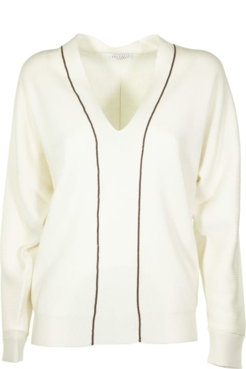 Brunello Cucinelli for Women Brunello Cucinelli White V-neck Sweater Cashmere Sweater With Monili