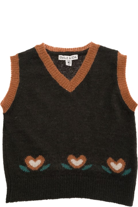 Emile Et Ida Sweaters & Sweatshirts for Girls Emile Et Ida Black V Neck Vest With Flower Motif In Polyamide And Alpaca Blend Girl