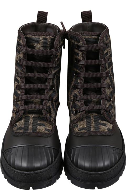 Fendi for Boys Fendi Brown Combat Boots For Kids With Ff Logo