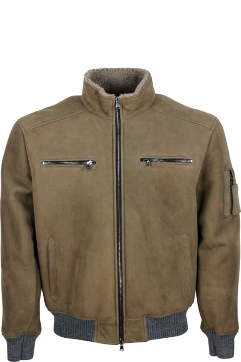 Barba Napoli Coats & Jackets for Men Barba Napoli Bomber Jacket In Fine And Soft Shearling Sheepskin With Stretch Knit Trims And Zip Closure. Front Pockets