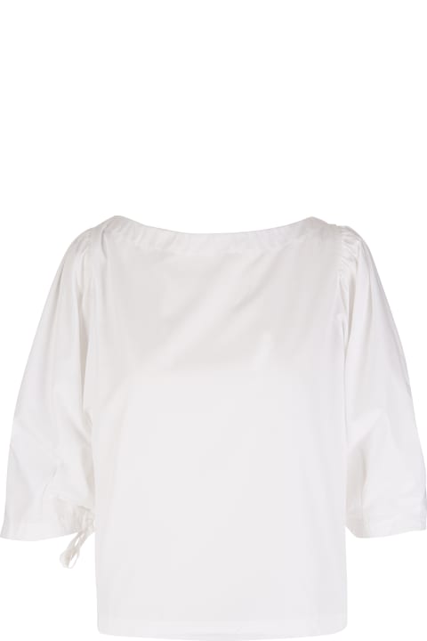 White T-shirt With Boat Neck And Sleeves With Ribbons