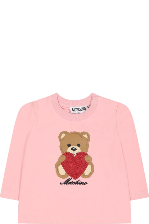 Topwear for Baby Boys Moschino Pink T-shirt For Baby Girl With Teddy Bear And Logo