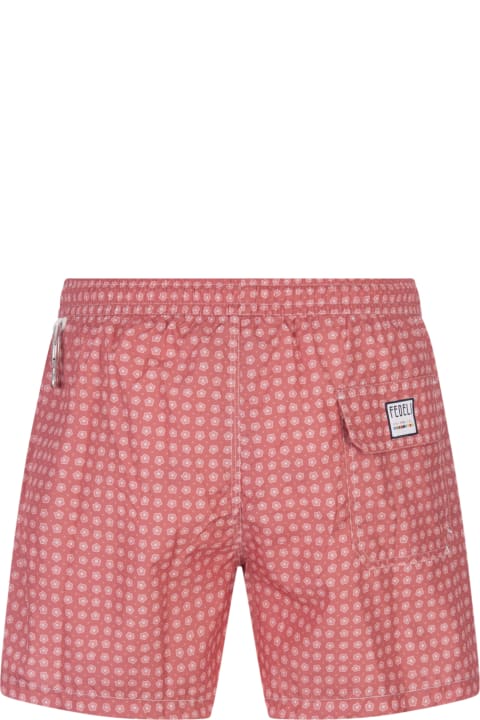 Fedeli for Men Fedeli Dark Red Swim Shorts With Micro Flower Pattern