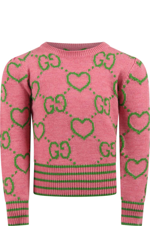 Pink Sweater For Girl With Iconic Green Gg