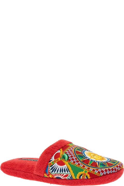 أدوات منزلية Dolce & Gabbana Red Slippers With Carretto Siciliano Print In Cotton Home
