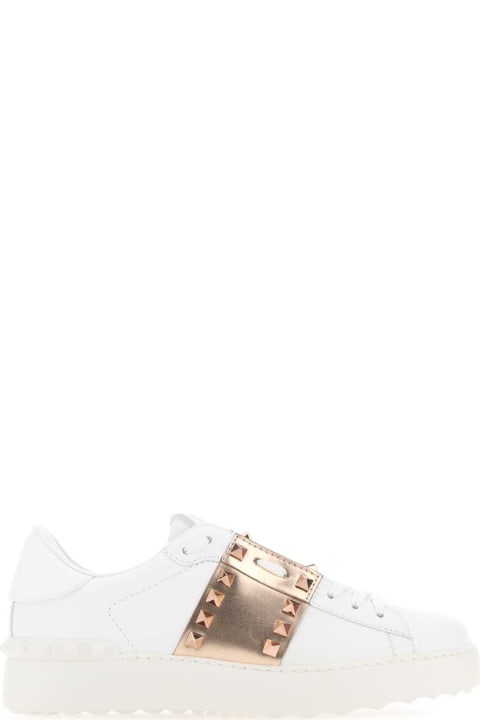Valentino Garavani Shoes for Women Valentino Garavani White Leather Rockstud Untitled Sneakers With Gold Rose Band