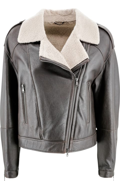 Brunello Cucinelli Coats & Jackets for Women Brunello Cucinelli Giacca Biker In Pelle Con Collo In Shearling