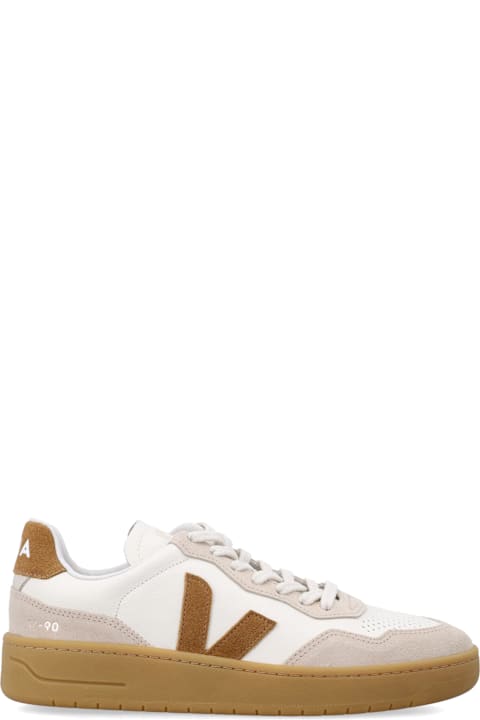 Veja V-90 White And Camel Leather Sneakers