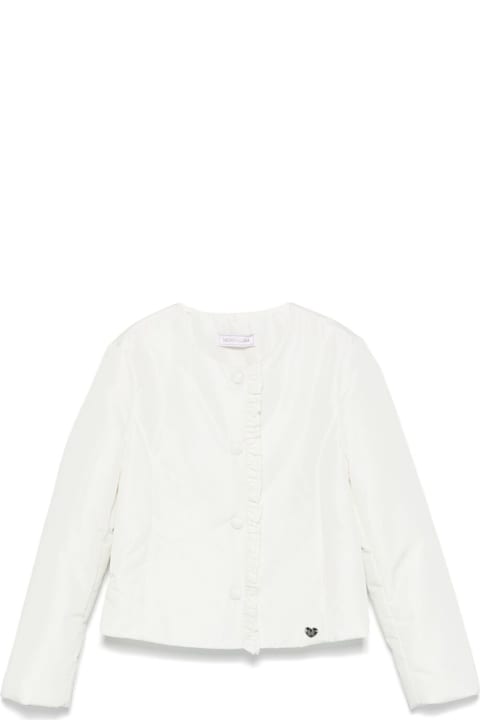 Homeware Monnalisa White Crewneck Jacket With Ruched Detail On The Front And Logo Charm In Tech Fabric Girl