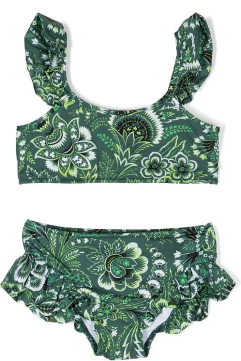 Etro Swimwear for Girls Etro Green Bikini With Ruffles And Paisley Motif