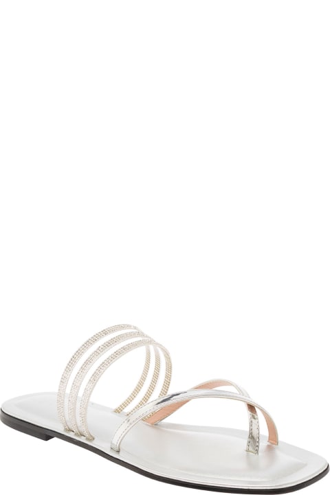Fashion for Women Pollini Silver-tone Thongs Sandals With Metallic And Rhinestone Bands In Leather Woman