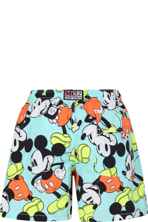 Sale for Boys MC2 Saint Barth Green Swim Shorts For Boy With Mickey Mouse Print And Logo