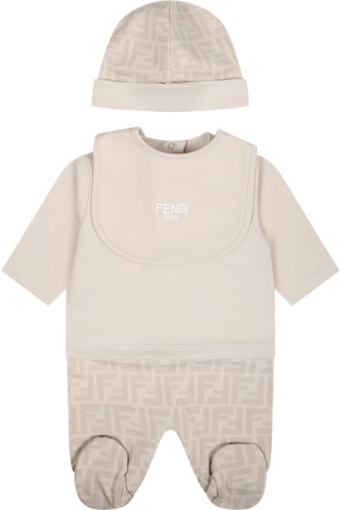 Fendi Bodysuits & Sets for Baby Boys Fendi Beige Set For Babykids With Logo