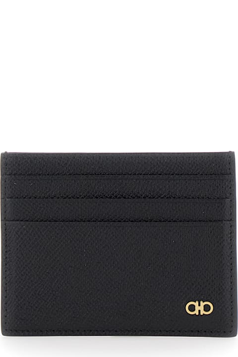 Homeware Ferragamo Black Card Holder With Micro Gancini On The Front And Logo Lettering On The Rear In Grained Leather Man