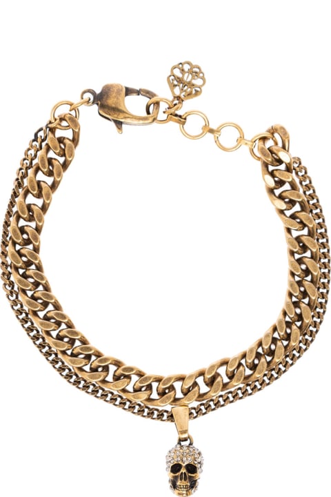 Woman's Pave Double Chain Metal Bracelet With Skull Detail