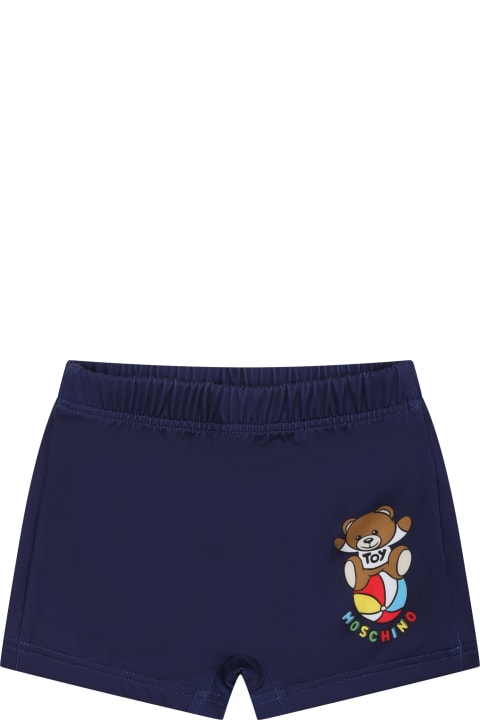 Fashion for Baby Girls Moschino Blue Swim Shorts For Baby Boy With Teddy Bear And Multicolor Logo