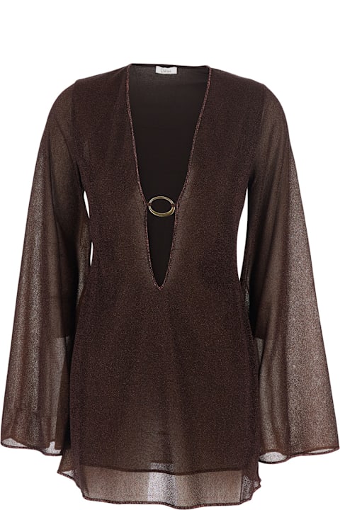 Homeware Oseree Brown Caftan With Deep V-neck And Semi-trasparent Design In Fabric Woman