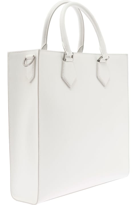 White Tote Bag With Raised Tonal Logo Tag In Leather Man