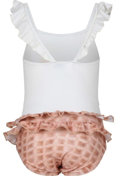 ガールズ 水着 Molo White Swimsuit For Girl With Ice Cream Print
