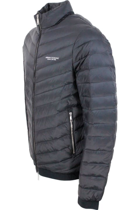 Light Down Jacket With Logoed And Elasticated Edges And Zip Closure