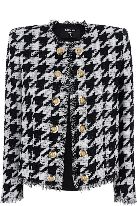 Balmain Coats & Jackets for Women Balmain 'spencer' Black And White Jacket With All-over Check Motif And Fringed Hem In Cotton Blend Woman