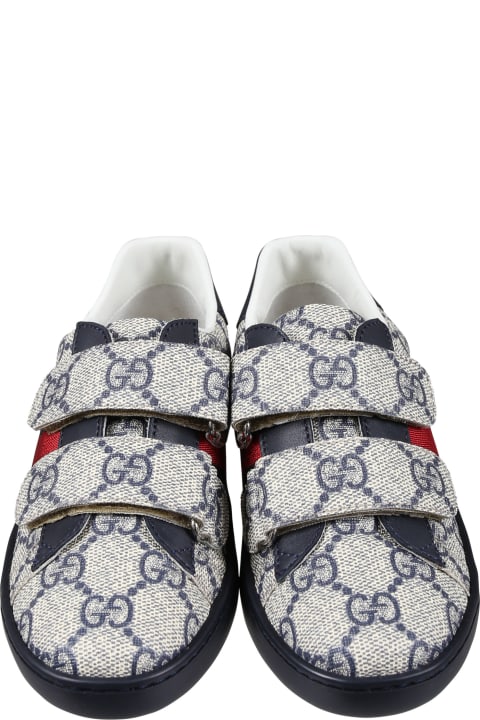 Shoes for Boys Gucci Blue Ace Sneakers For Kids With All-over Gg Logo