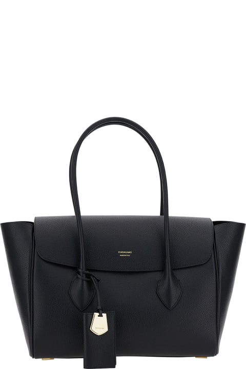 Fashion for Women Ferragamo Black Tote Bag With Logo And Plaque Detail In Hammered Leather Woman