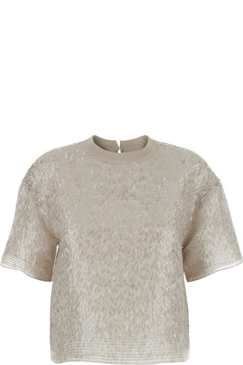 Brunello Cucinelli for Kids Brunello Cucinelli Beige Crew Neck T-shirt With All-over Fringed Details In Silk Woman