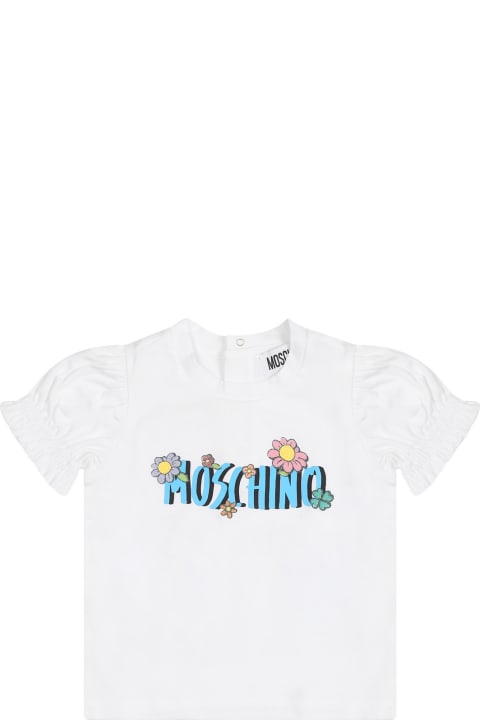 Sale for Baby Boys Moschino White T-shirt For Baby Girl With Logo And Flowers