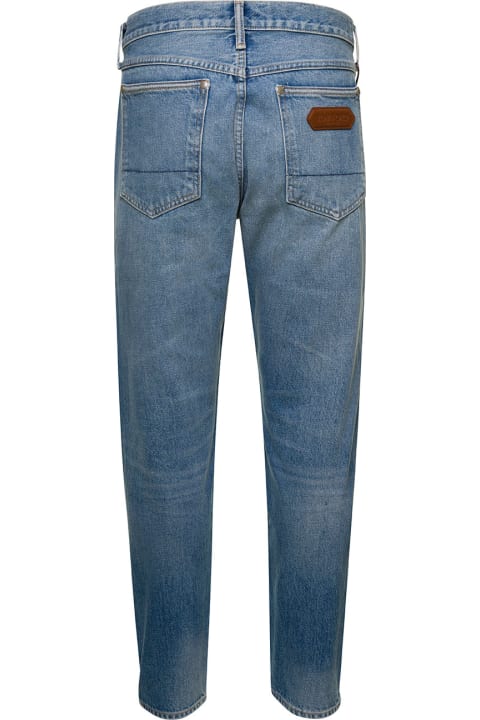 Light Blue 5-pocket Style Jeans With Rips And Logo Patch In Cotton Denim Man
